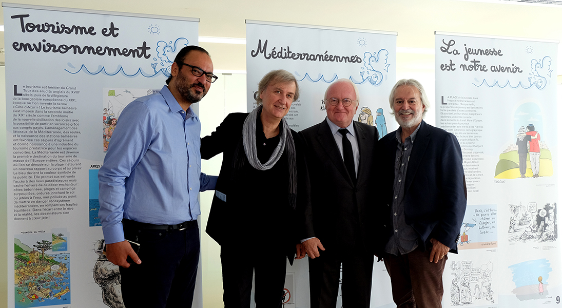 Inauguration de l’exposition le 10/11/2015, avec Nidhal Ghariani (Tunisie), Plantu, M. Vauzelle (Président de la Région PACA) et Izel (Turquie) – Villa Méditerranée