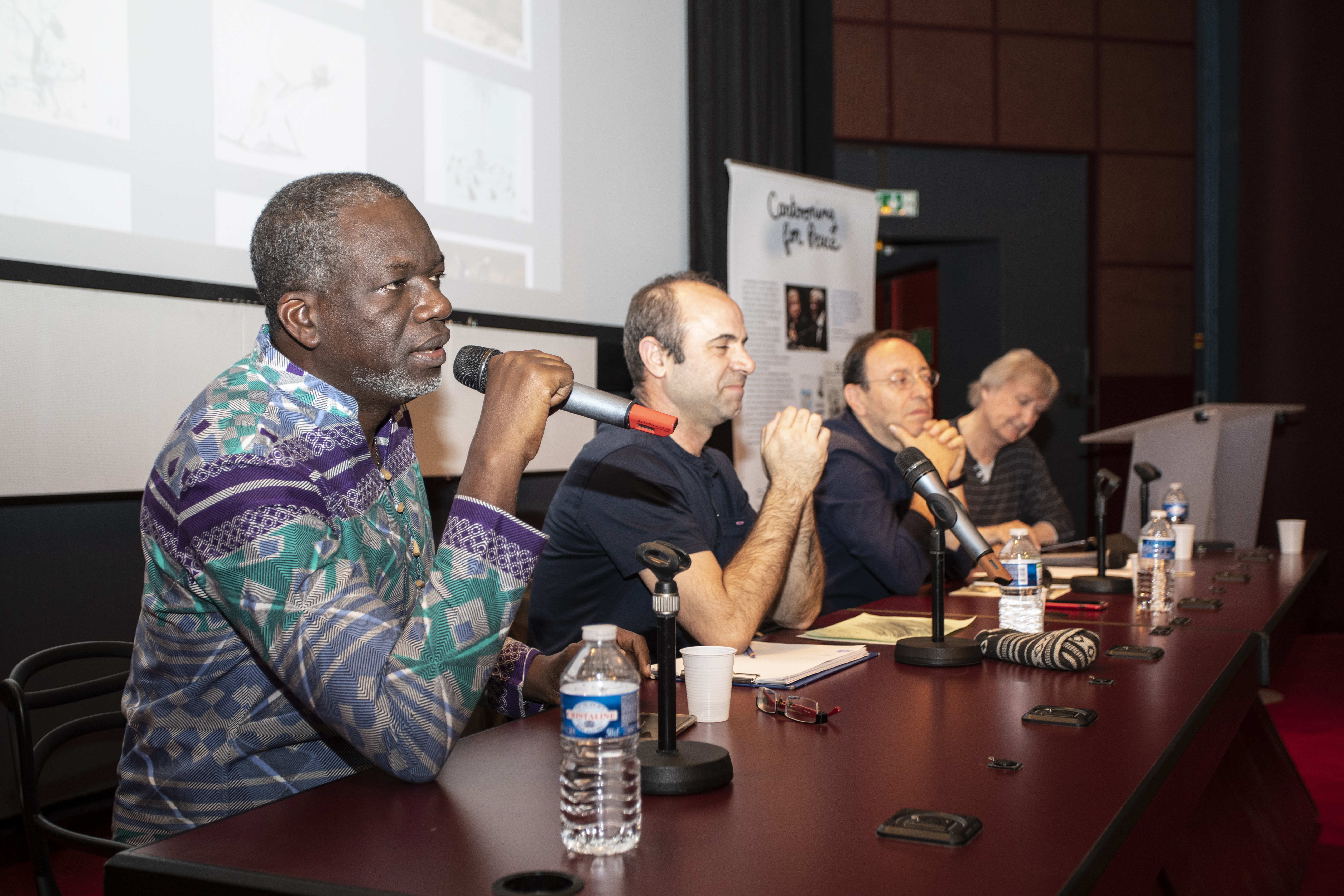 Conférence annuelle “Libérons les crayons” – Lassane Zohoré (Côte d’Ivoire), Ali Jamshidifar (Iran), Michel Kichka (Israël), Plantu (France) – crédit : Nicolas Moulard