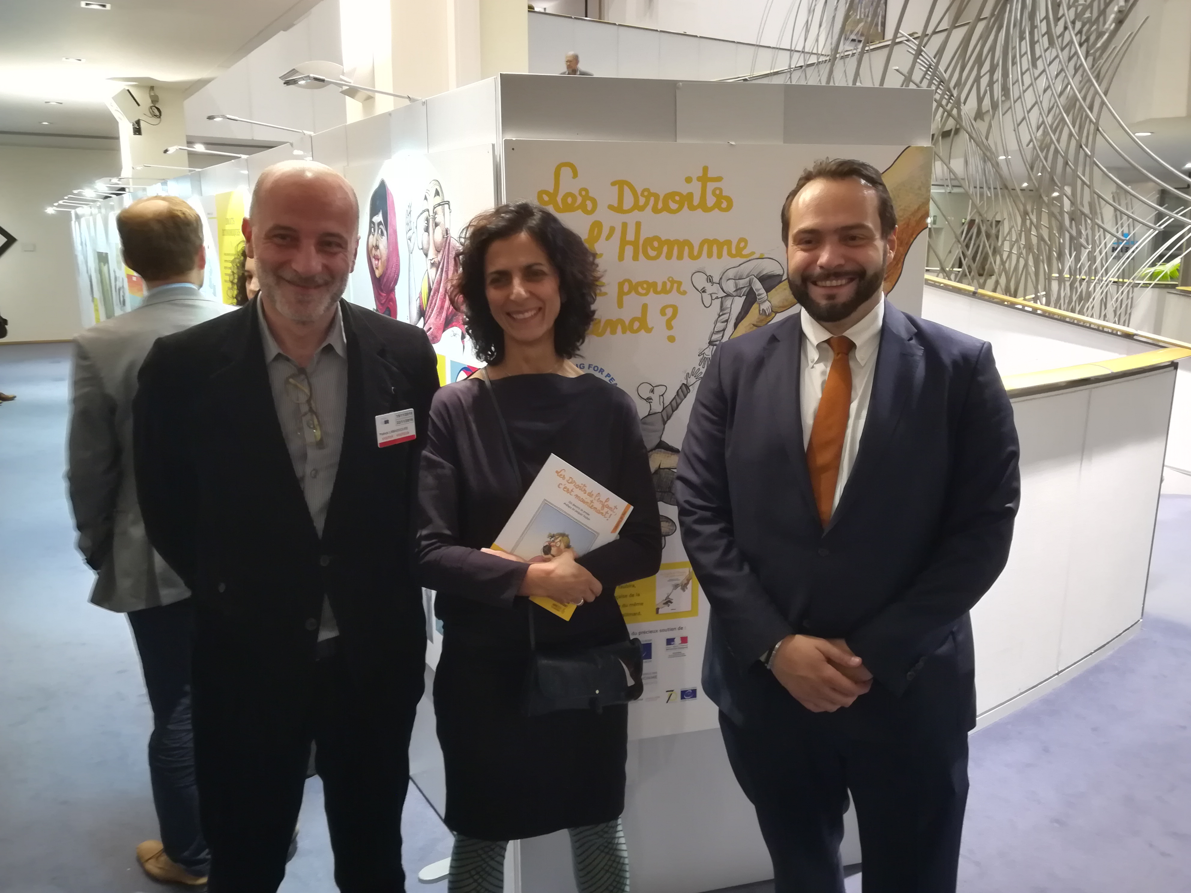 Opening of the exhibition with Kak, president of Cartooning for Peace, Maria Arena, European deputy, and Fabio Castaldo, Vice-President of the European Parliament